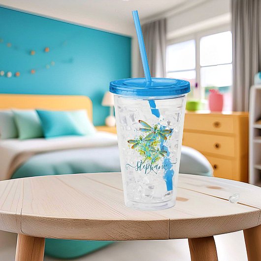 Op maat gemaakte spat van turkoois libel acryl drinkbeker