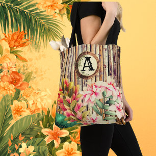 Op maat gemaakte tropische bamboe & bloemen monogr tote bag