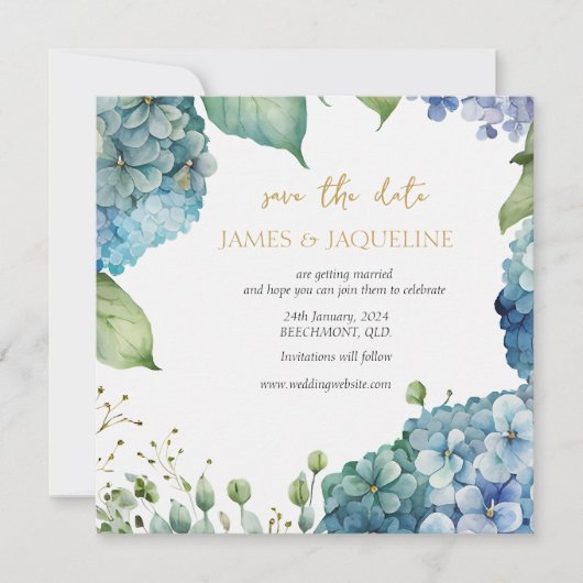 Op maat gemaakte trouwdatum hydrangea's save the date (Voorkant)