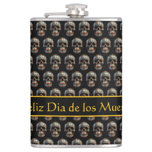 Op maat gemaakte turquoise gouden Día de los Muert Heupfles