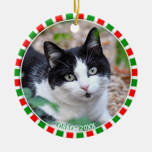 Op maat gemaakte tuxedo kat foto en groene rode li keramisch ornament