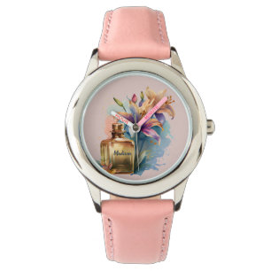 Op maat gemaakte unieke bloemige parfumfles roze horloge