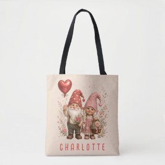 Op maat gemaakte Valentijnskabouters met bloemen Tote Bag