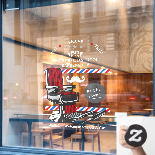 Op maat gemaakte vintage barbershopstoel Snorbaard Raamsticker