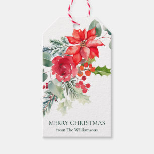Op maat gemaakte waterverf rode bloemige poinsetti cadeaulabel