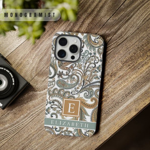 Op maat gemaakte witgoud grijsblauwe paisley iPhone 15 pro max case