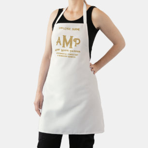 Op maat gemaakte witte en gouden monogram zakelijk schort