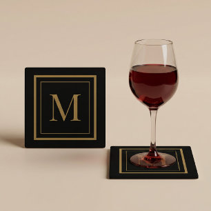 Op maat gemaakte zwarte en gouden lijst monogram glazen onderzetter