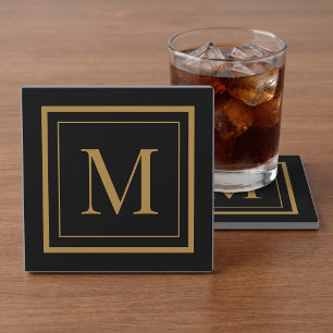 Op maat gemaakte zwarte en gouden lijst monogram glazen onderzetter