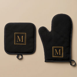 Op maat gemaakte zwarte en gouden lijst monogram ovenwant & pannenlap set