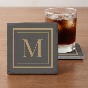 Op maat gemaakte zwarte en gouden lijst monogram stenen onderzetter