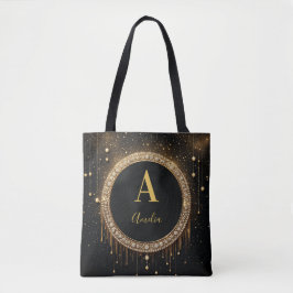 Op maat gemaakte zwarte glinsterende initiaallette tote bag