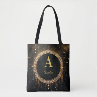 Op maat gemaakte zwarte glinsterende initiaallette tote bag