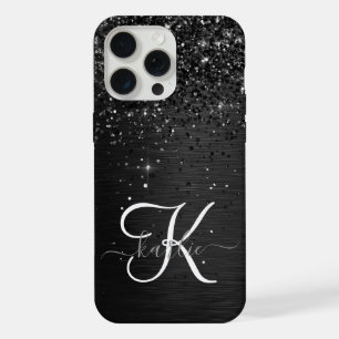 Op maat gemaakte zwarte glinsterende monogram iPhone 15 pro max case
