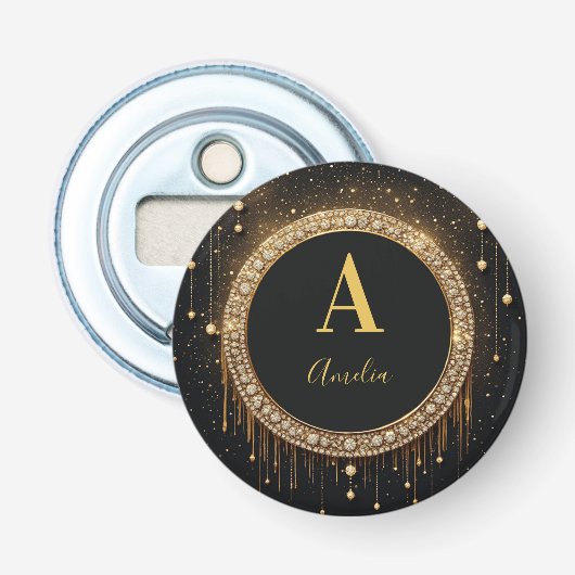Op maat gemaakte zwarte glinsterende monogramlette button flesopener (Voorkant)