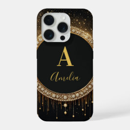 Op maat gemaakte zwarte glinsterende monogramlette iPhone 15 pro case
