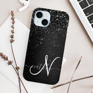 Op maat gemaakte zwarte glitters glitter monogram iPhone 15 case
