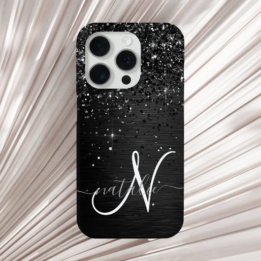 Op maat gemaakte zwarte glitters glitter monogram iPhone hoesje