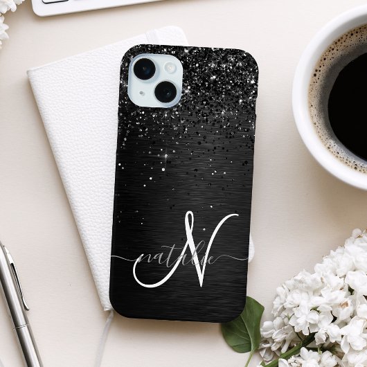 Op maat gemaakte zwarte glitters glitter monogram iPhone hoesje