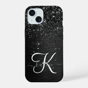 Op maat gemaakte zwarte glittersparkelmonogram iPhone 15 case