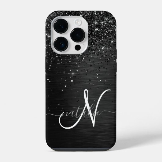 Op maat gemaakte zwarte glittersparkelmonogram iPhone hoesje (Achterkant)