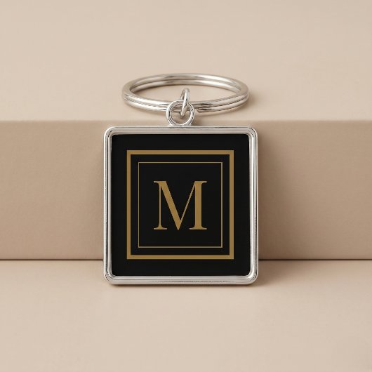 Op maat gemaakte zwarte & gouden lijst monogram sleutelhanger