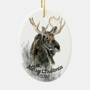 Op maat gesneden kerstfeest Waterverf Moose Animal Keramisch Ornament