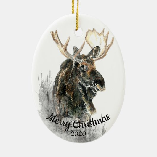Op maat gesneden kerstfeest Waterverf Moose Animal Keramisch Ornament (Achterkant)