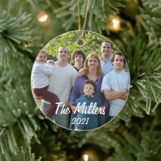 Op maat gesneden kerstfoto's uit de familie met tw keramisch ornament