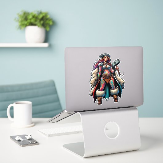 Op maat gesneden vinyl sticker: krijgsvrouw sticker (Laptop op bureau)