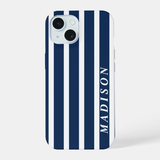 Op maat gestreepte marineblauw wit iPhone 15 case (Achterkant)