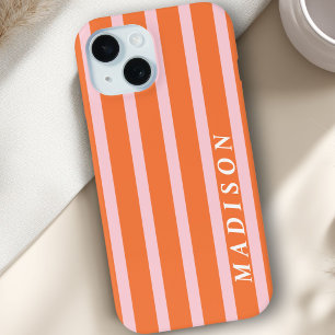 Op maat gestreepte oranje roze iPhone 15 case