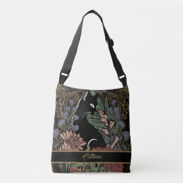 Op maat getekende Art Nouveau zwarte kat met bloem Crossbody Tas