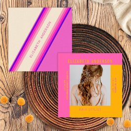 Op maat hete roze oranje retro strepen 70s, 80s vierkante visitekaartje