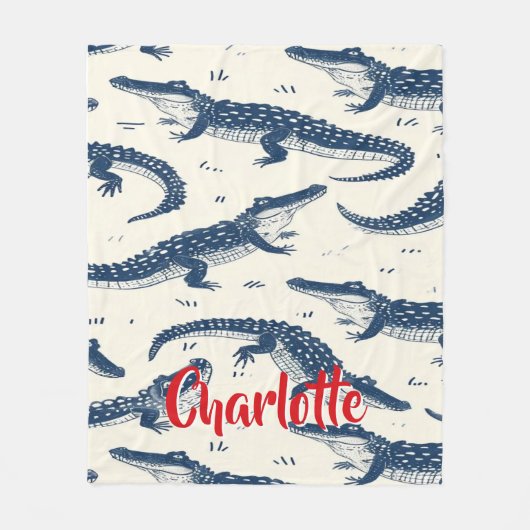 Op maat navyblauw krokodil fleece deken (Voorkant)
