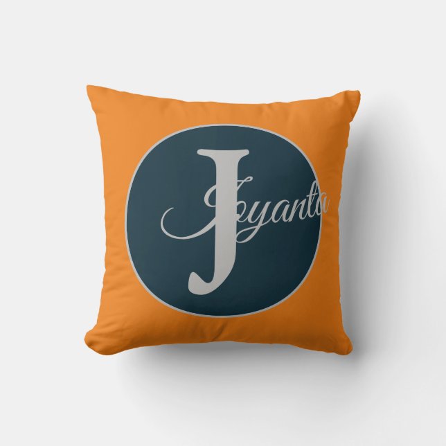 Op maat  oranje grijs blauwe Monogram Elegant Kussen (Voorkant)