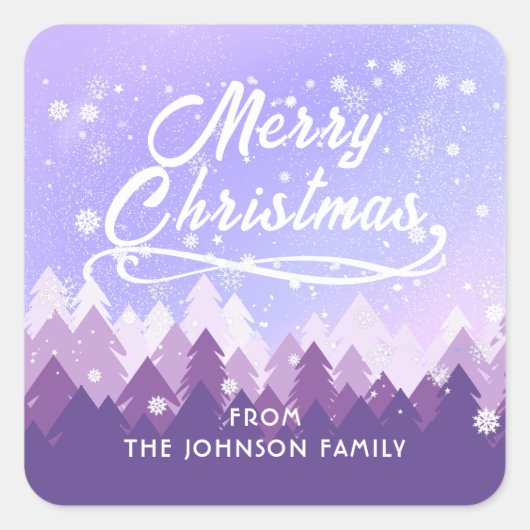 Op maat paarse witte sneeuw vredig bos Kerstmis Vierkante Sticker (Voorkant)
