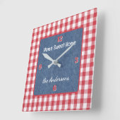 Op maat, rood en wit geruit, blauwe denim print vierkante klok (Hoek)