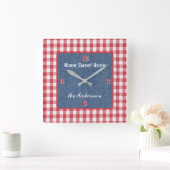 Op maat, rood en wit geruit, blauwe denim print vierkante klok (Huis)
