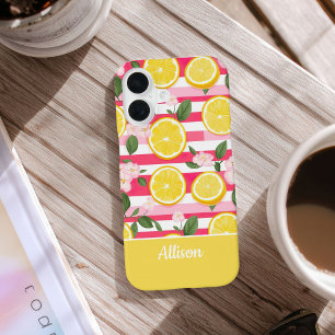 Op maat roze strepen zomer citroen patroon iPhone 16 hoesje