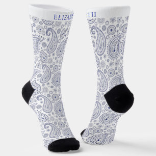 Op maat wit donker marineblauw paisley patroon sokken