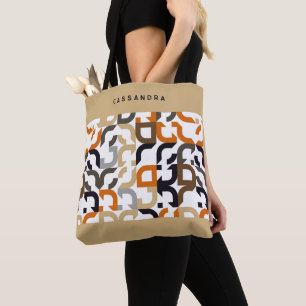 Op maat zwart bruin beige oranje retro art patroon tote bag