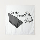 Op Mijn Computer Grappige Computer Witte Kat Meme Wandkleed (Voorkant)