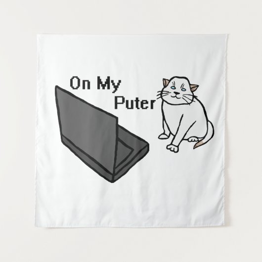 Op Mijn Computer Grappige Computer Witte Kat Meme Wandkleed (Voorkant)