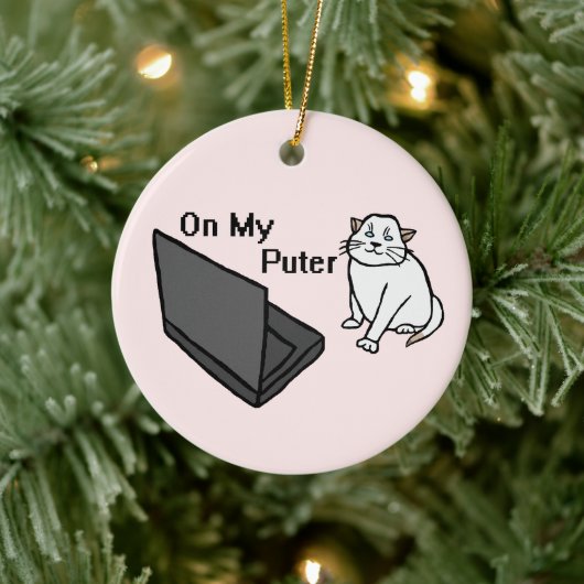 Op Mijn Computer Grappige Witte Kat Meme Keramisch Ornament (Boom)