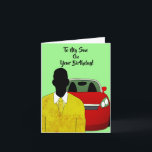 Op mijn Son Suit en Stropdas African American Birt Kaart<br><div class="desc">Deze coole Birthday Kaart is voorzien van een silhouet van een Afrikaans-Amerikaanse man met een oranje pak en stropdas. Haal deze kaart voor een verdienstelijke zoon om je waardering te shows.</div>