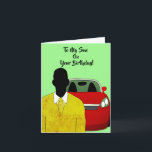 Op mijn Son Suit en Stropdas African American Birt Kaart<br><div class="desc">Deze coole Birthday Kaart is voorzien van een silhouet van een Afrikaans-Amerikaanse man met een oranje pak en stropdas. Haal deze kaart voor een verdienstelijke zoon om je waardering te shows.</div>