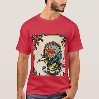 Op mijn T-shirt is een afbeelding van een vogel ge