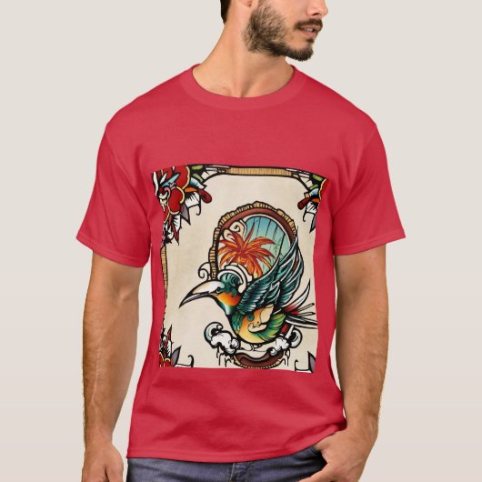 Op mijn T-shirt is een afbeelding van een vogel ge (Voorkant)