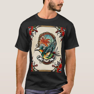 Op mijn T-shirt is een afbeelding van een vogel ge